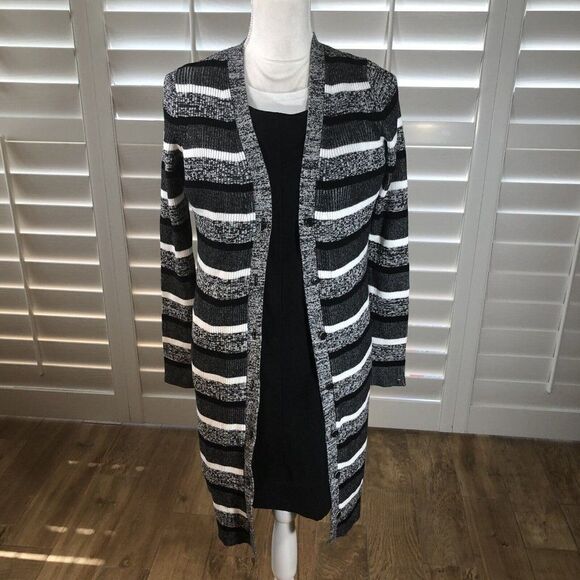 Tommy Hilfiger Long Black And White Sweater Cardigan XS Ribbed Stretch Button - Picture 2 of 12